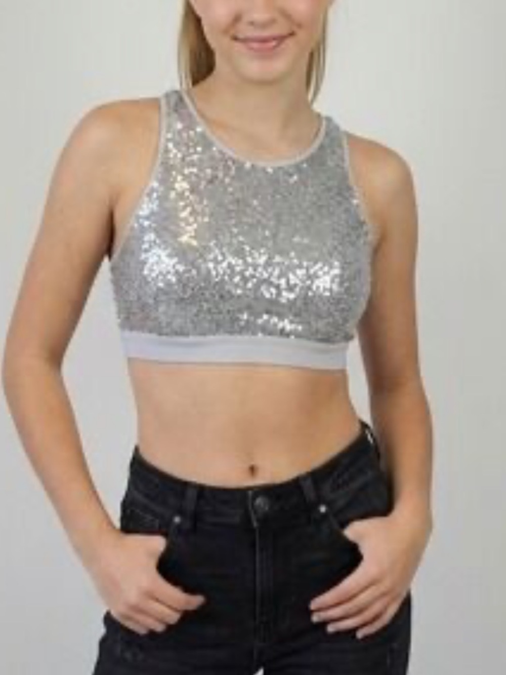 American Eagle Aerie Silver Sequin Crop Tank Top Medium
